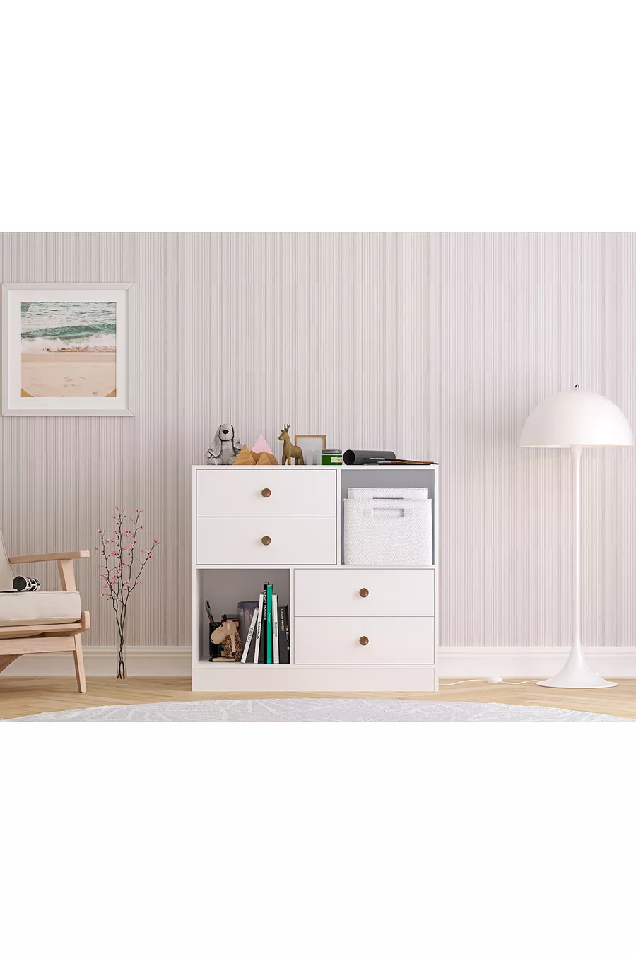 Elif Modern Kommode mit 4 Schubladen und 2 Regalen