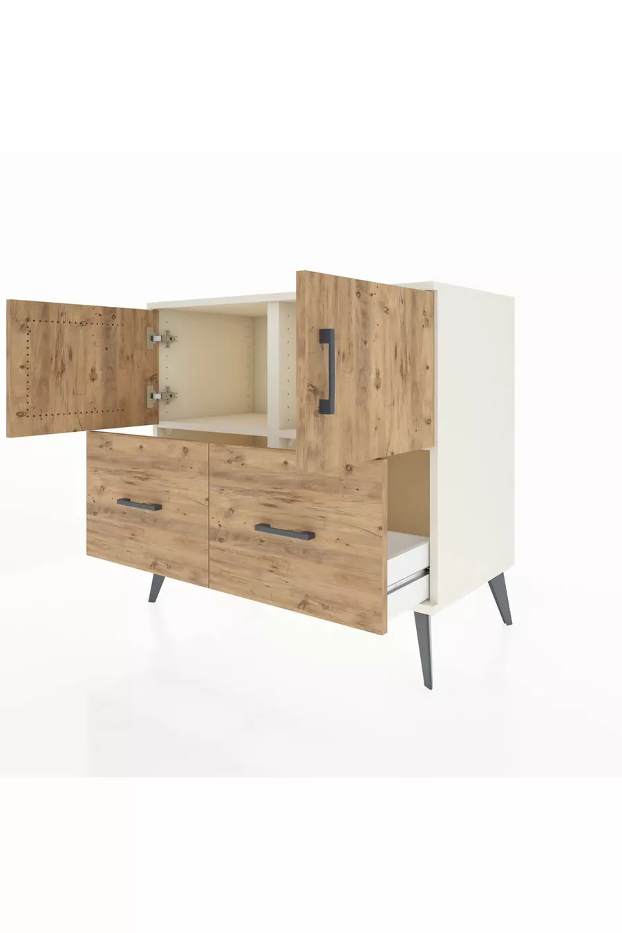 Commode Hyperion avec 2 étagères, 2 tiroirs et 2 portes, Pierre de Lune-Pin