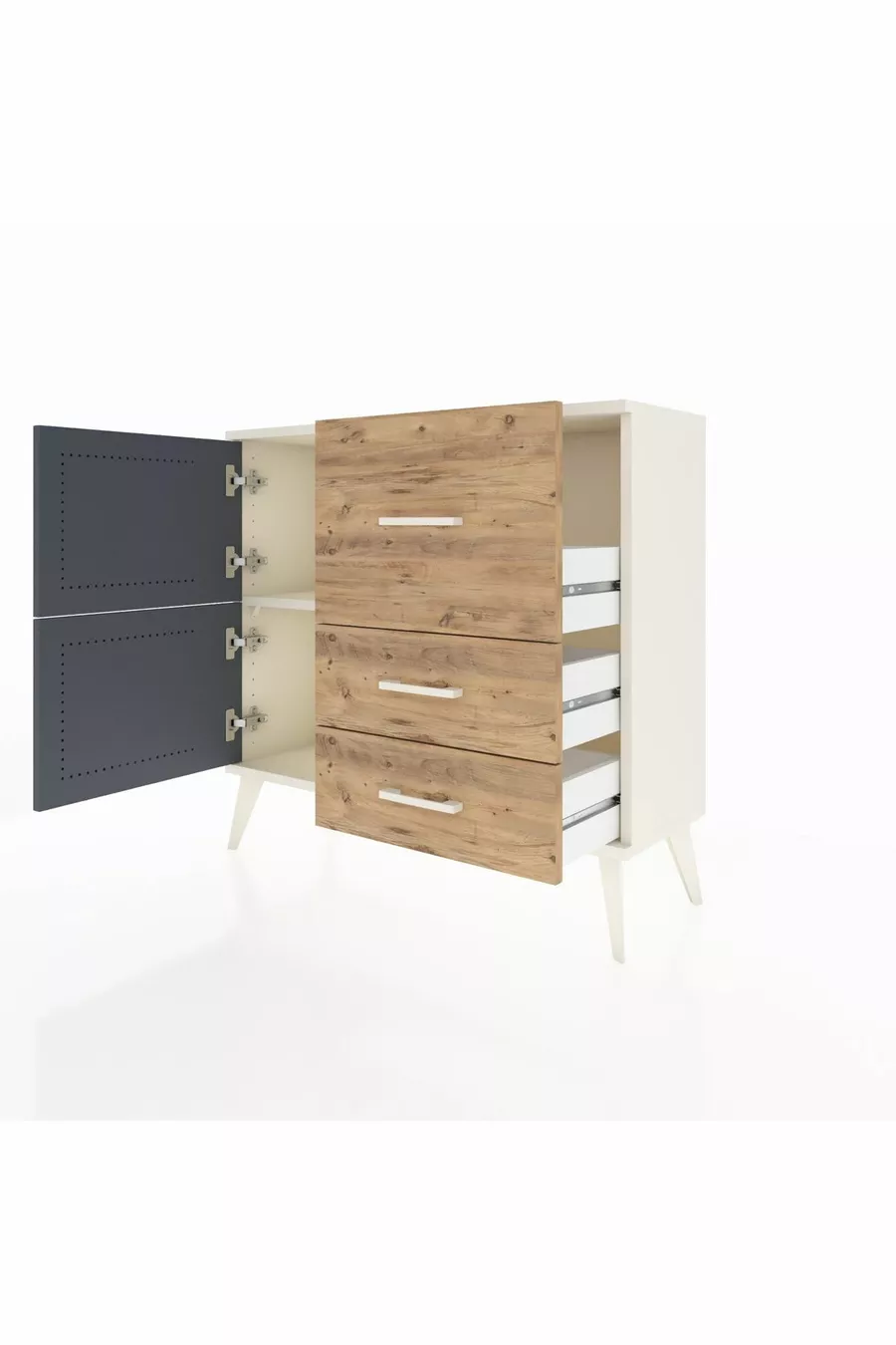 Commode Arges à une étagère, 3 tiroirs et 2 portes, Pierre de lune-Anthracite/Sapin