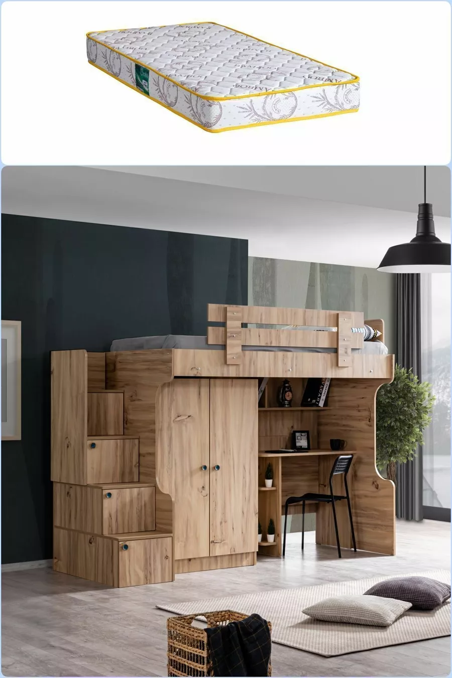 Lit superposé, armoire et bureau Viva Ranza 1 matelas Comfort