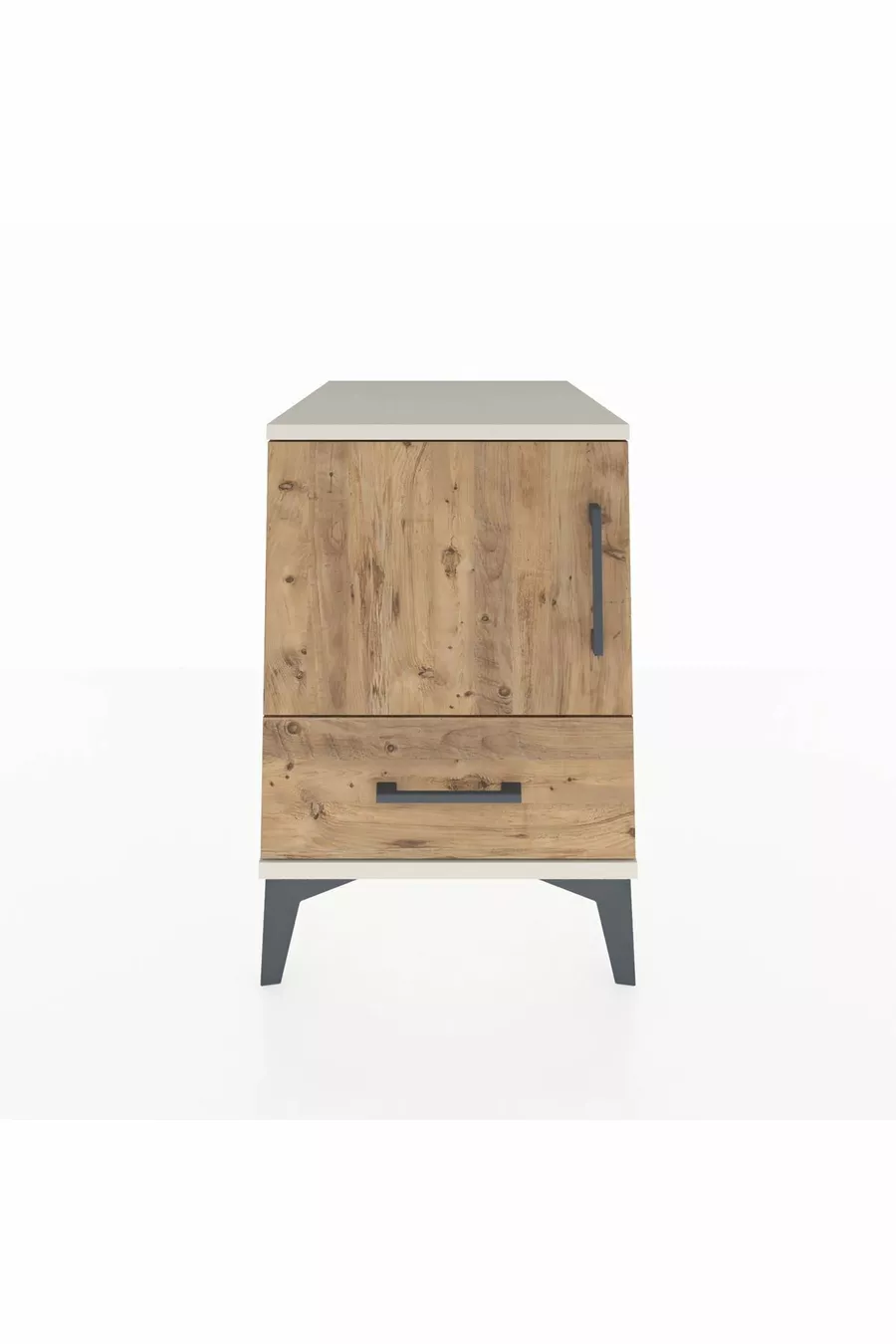 Kronos Table de chevet avec 2 étagères, 1 tiroir et 1 porte, Pierre de Lune-Pin