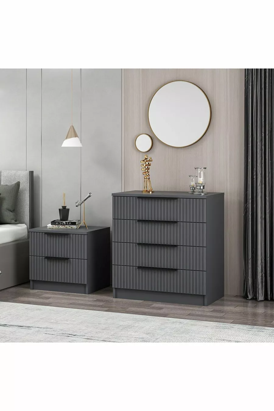 -chiffonnier Kale 4 tiroirs - Anthracite avec motifs rayés en membrane