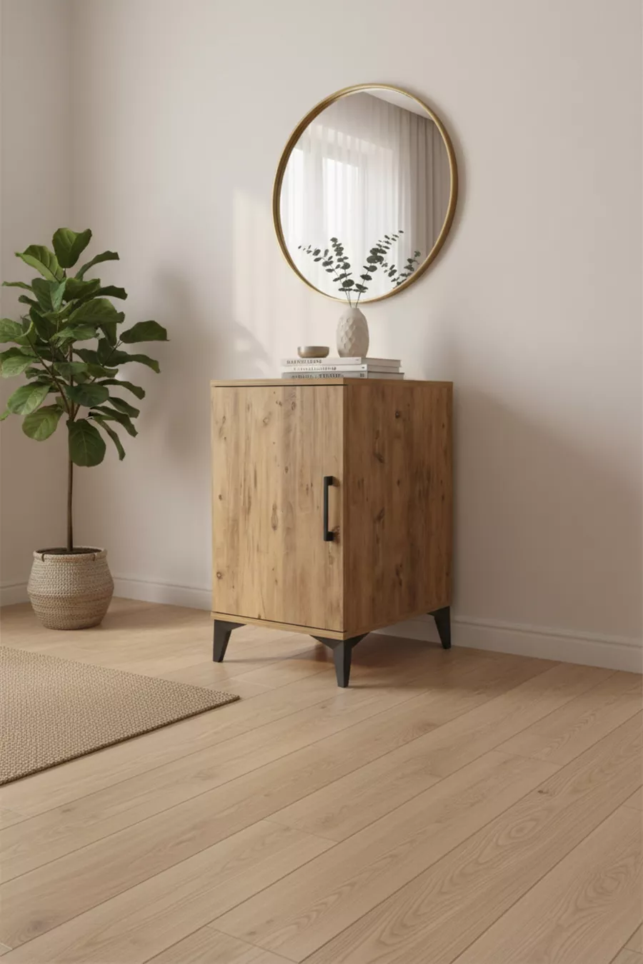 Table de chevet Aura à 2 étagères et 1 porte en pin-Pin | Table de chevet sur pieds hauts
