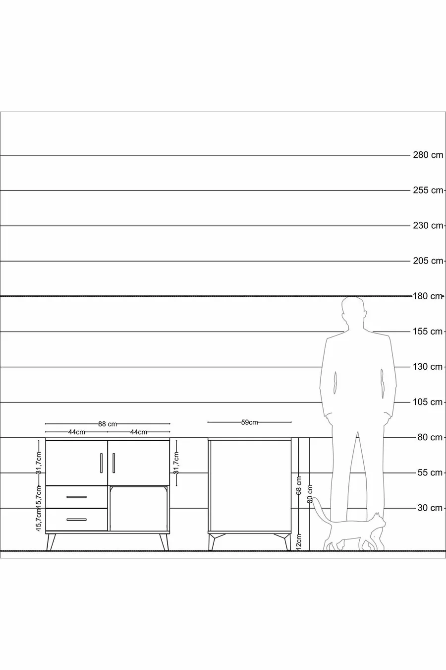 Commode Kronos avec 2 étagères, 2 tiroirs et 2 portes Anthracite-Pierre de lune