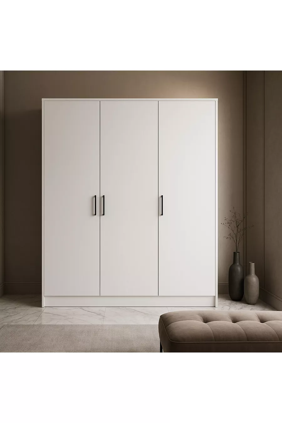 % MDF 3-Door Storage Cabinet |  cm | White – Modern Multi-Purpose Wardrobe