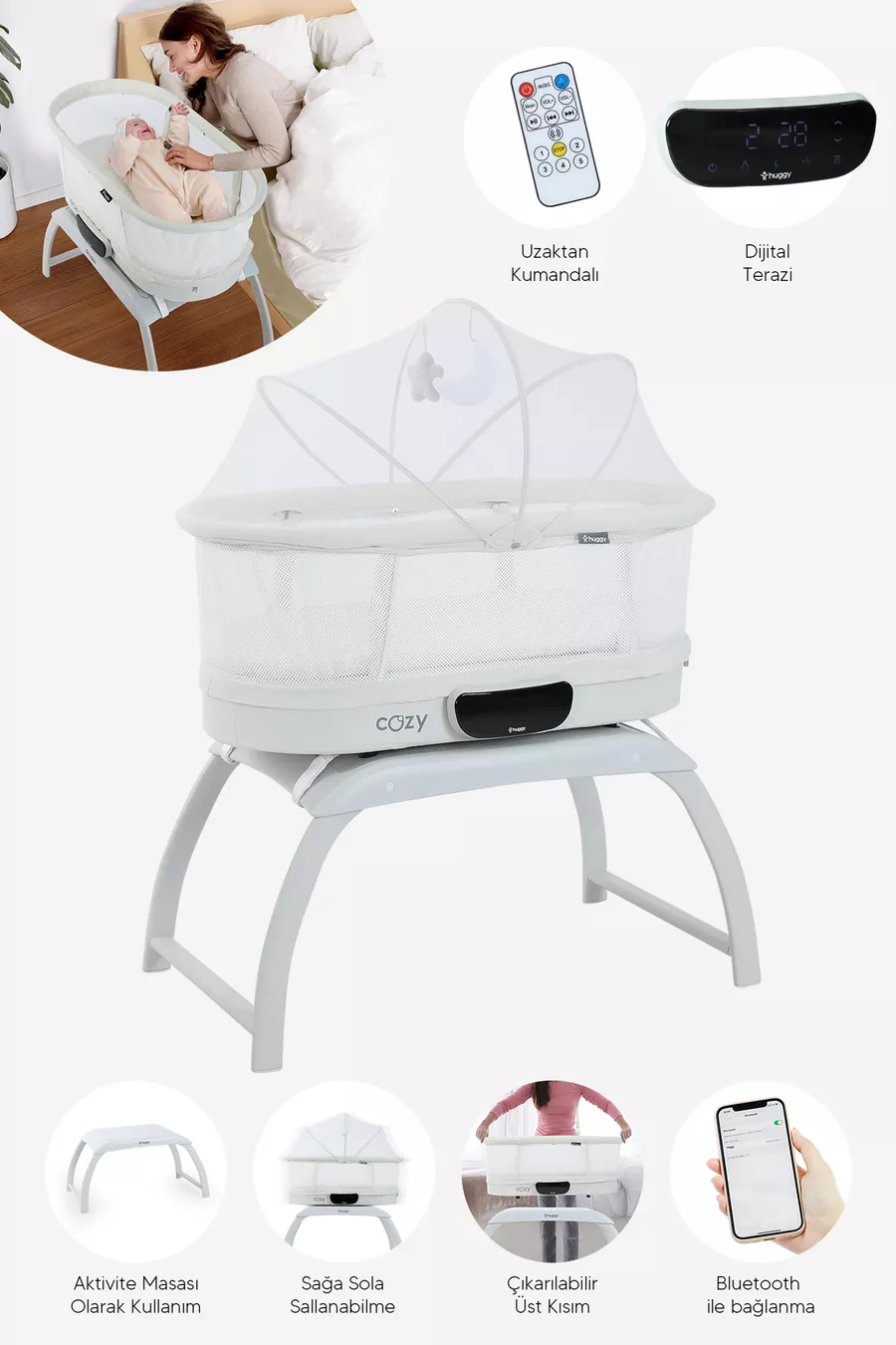 Culla Automatica Dondolante 4 in 1 con Bluetooth, Musica e Telecomando – Portatile