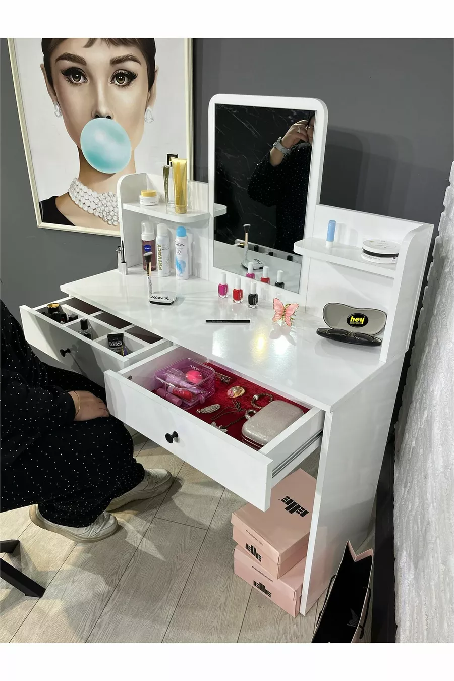 Tavolo da Trucco con Specchio, Tocador con 2 Cassetti, Organizer per Gioielli e Mensola, Bianco, cm