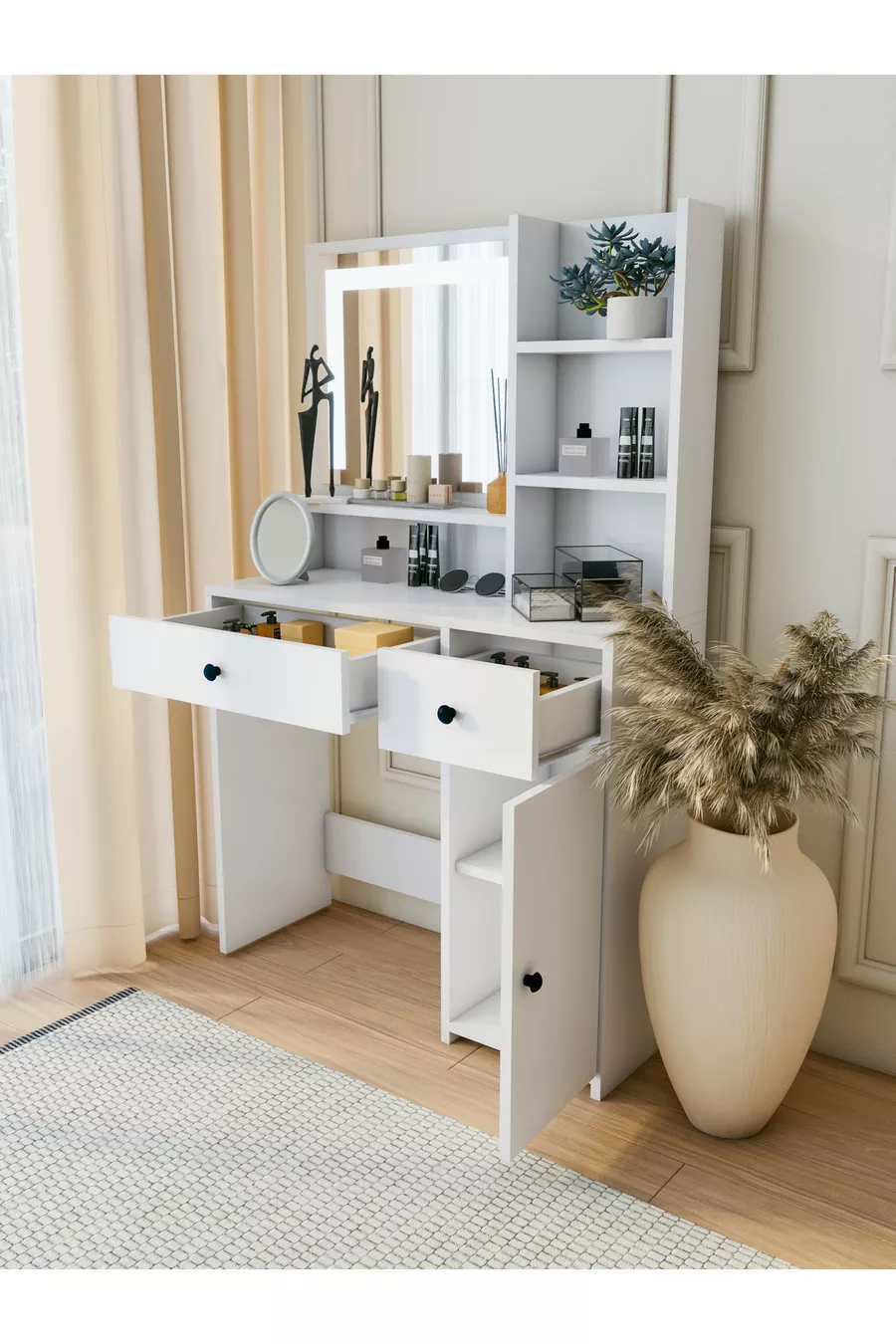 Coiffeuse Blanche avec Tiroirs, Étagère pour Accessoires et Bijoux, Miroir Spécial avec LED