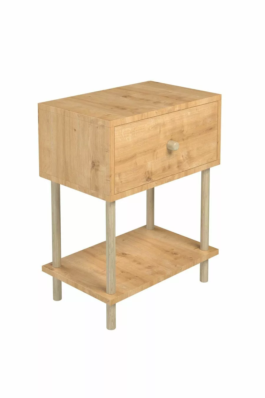 Table de chevet moderne avec étagère et couvercle batant, organisateur de chambre à coucher avec pieds en bois - Chêne Saphir
