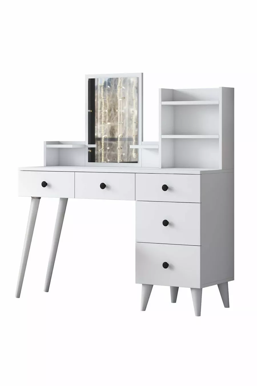 Coiffeuse avec miroir et 5 tiroirs, étagère pour bijoux, blanche