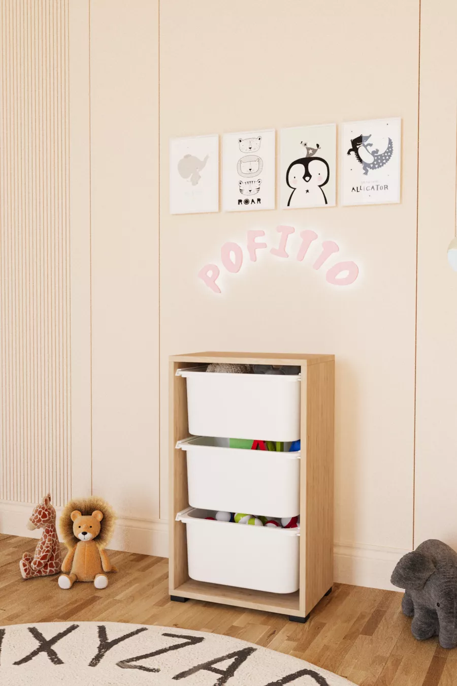 Armoire à jouets à 3 paniers profonds, armoire multifonctions pour cuisine, cellier, salle de bain, chêne saphir