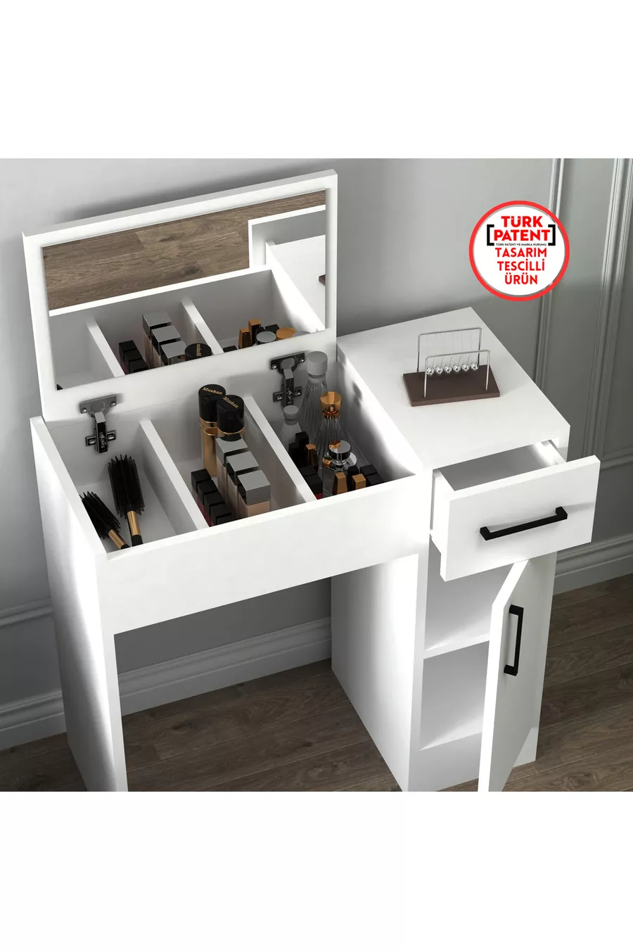 Perlmuttweißer Schminktisch mit Spiegel – Mit Schubladen, Schrank & Stilvollem Design