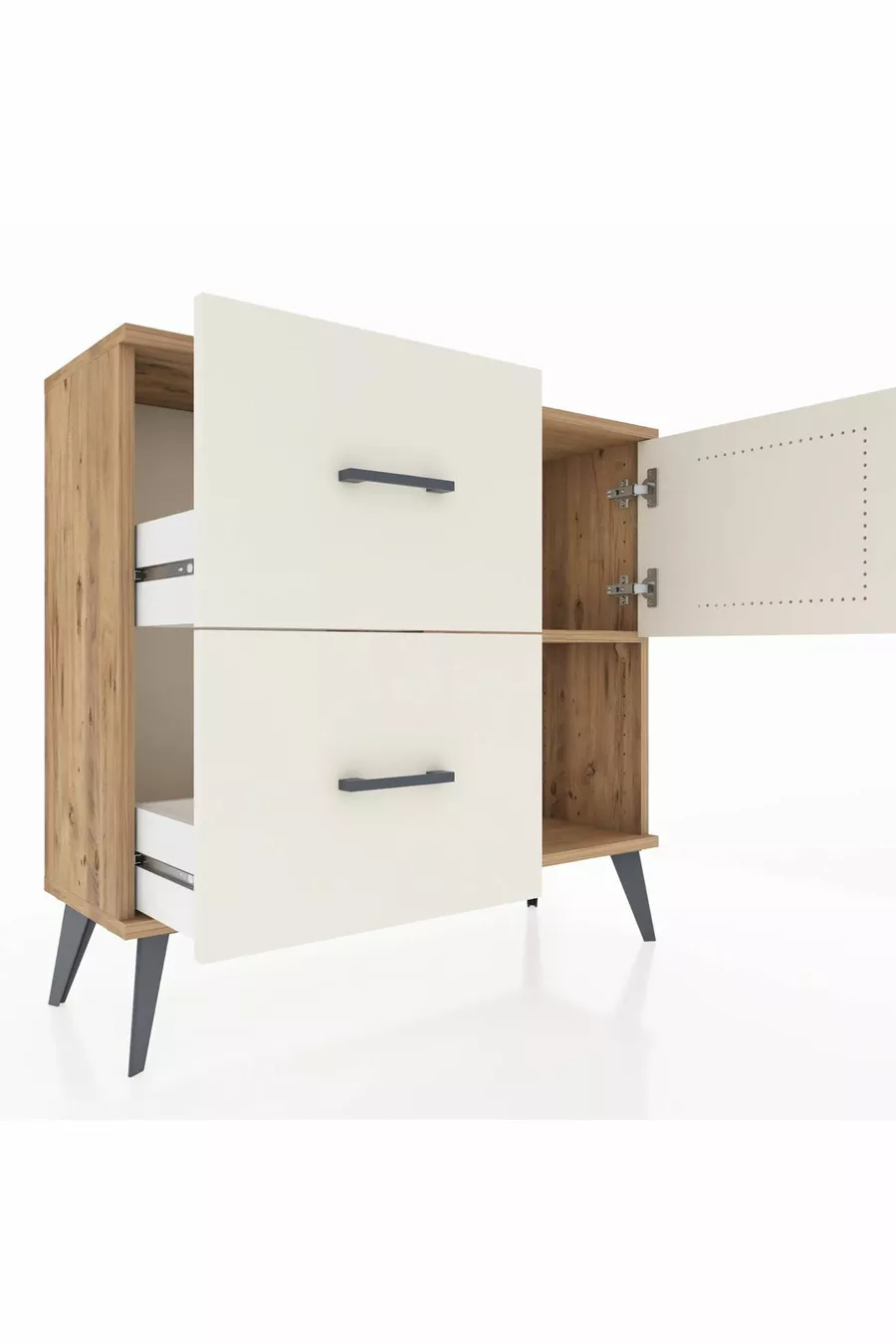 Commode Arges à une étagère, 2 tiroirs et une porte, pin et pierre de batte