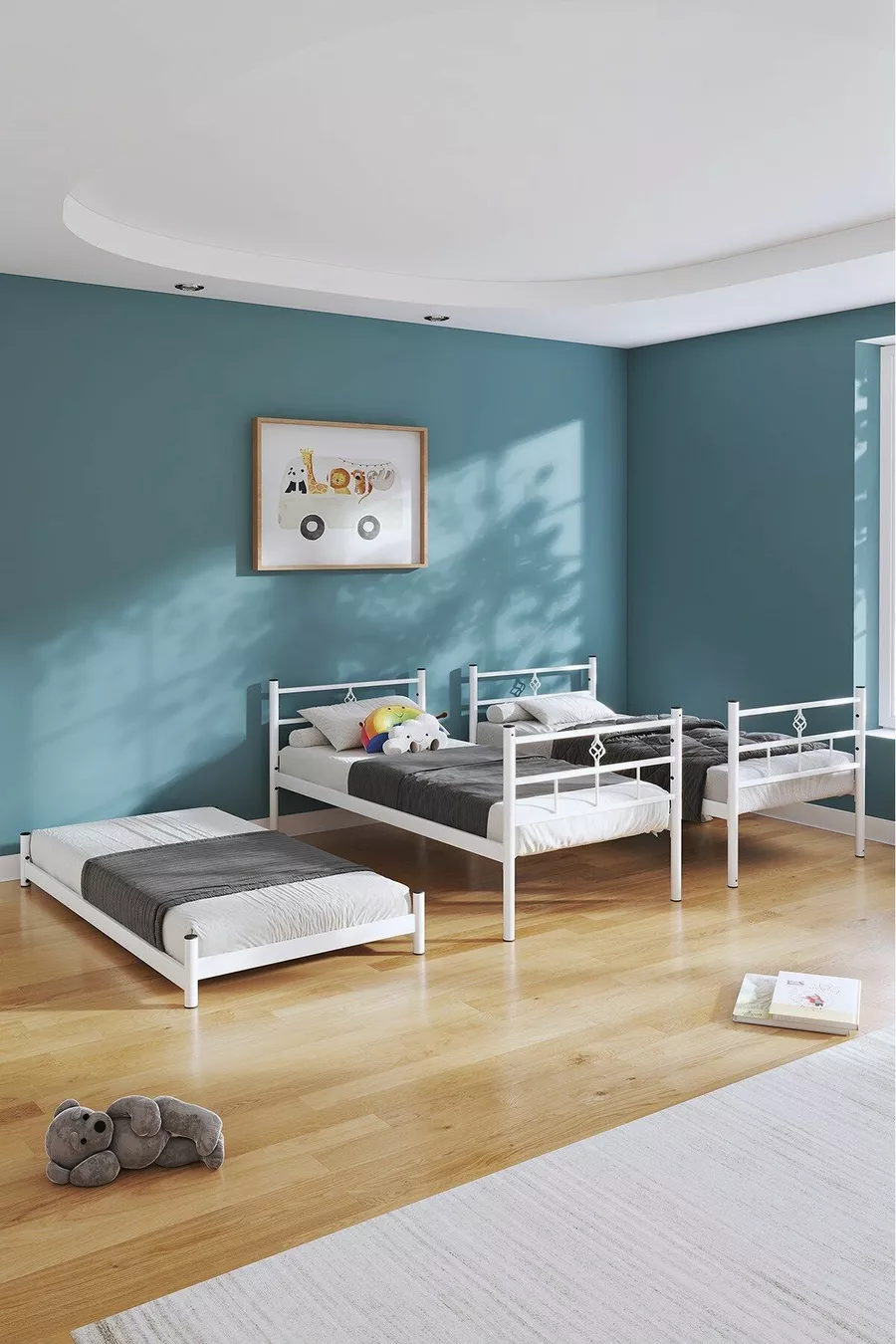 Lit superposé Koza avec tiroir, compatible pour 3 personnes, métal blanc