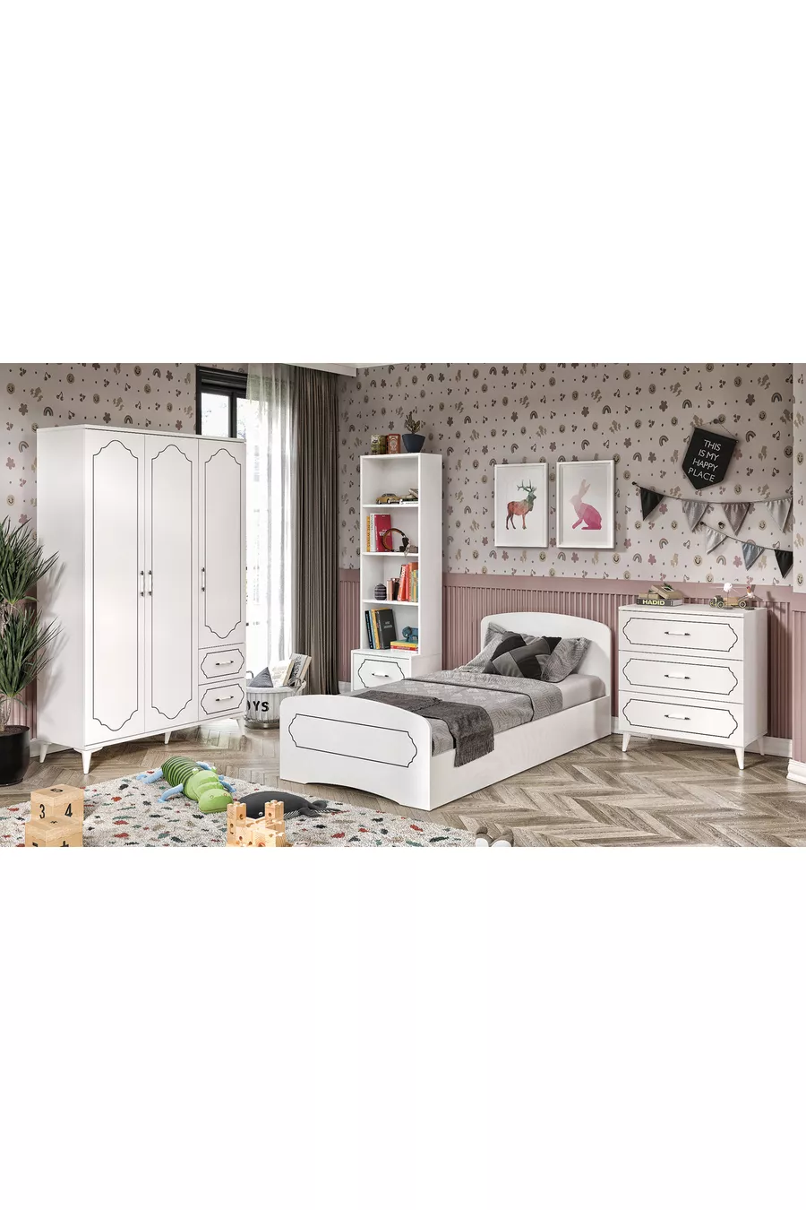 Ensemble de chambre d'adolescent moderne Hayal blanc 4 pièces en MDF de qualité supérieure