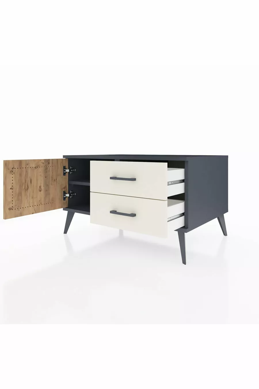 Kronos Kommode mit einem Regal, 2 Schubladen und einer Tür, Anthrazit-Kiefer/Steingrau
