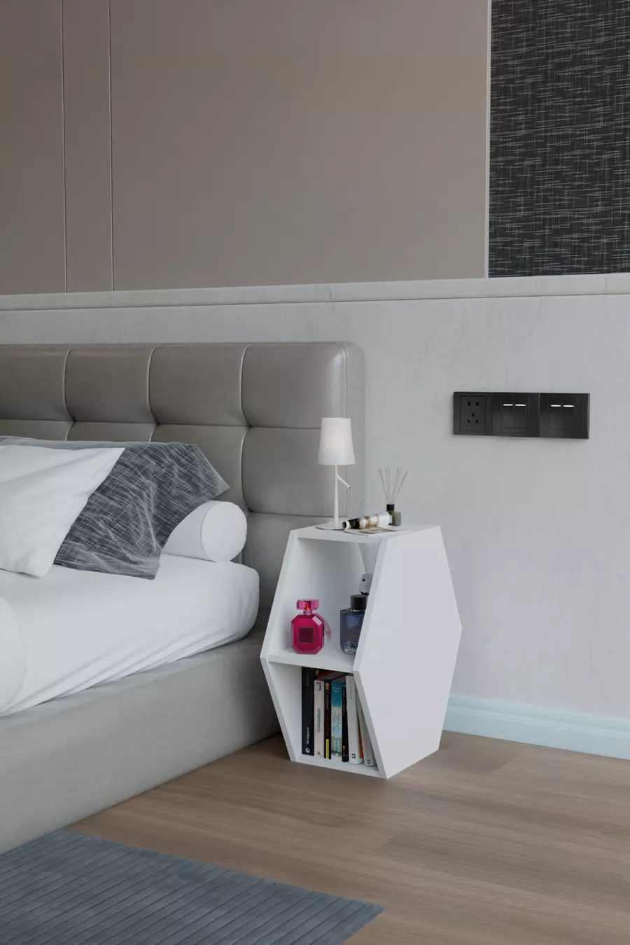 Comodino dal design esagonale, comodino moderno per camera da letto, libreria decorativa, comodino con ripiani