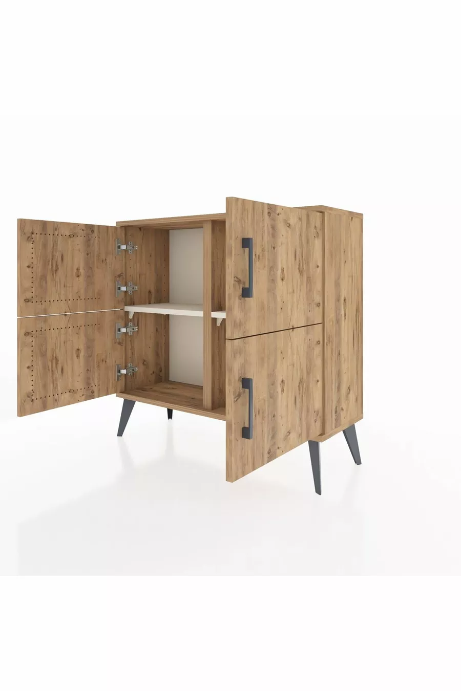Commode Arges 2 étagères 4 portes Pin-Pin/Pierre de lune