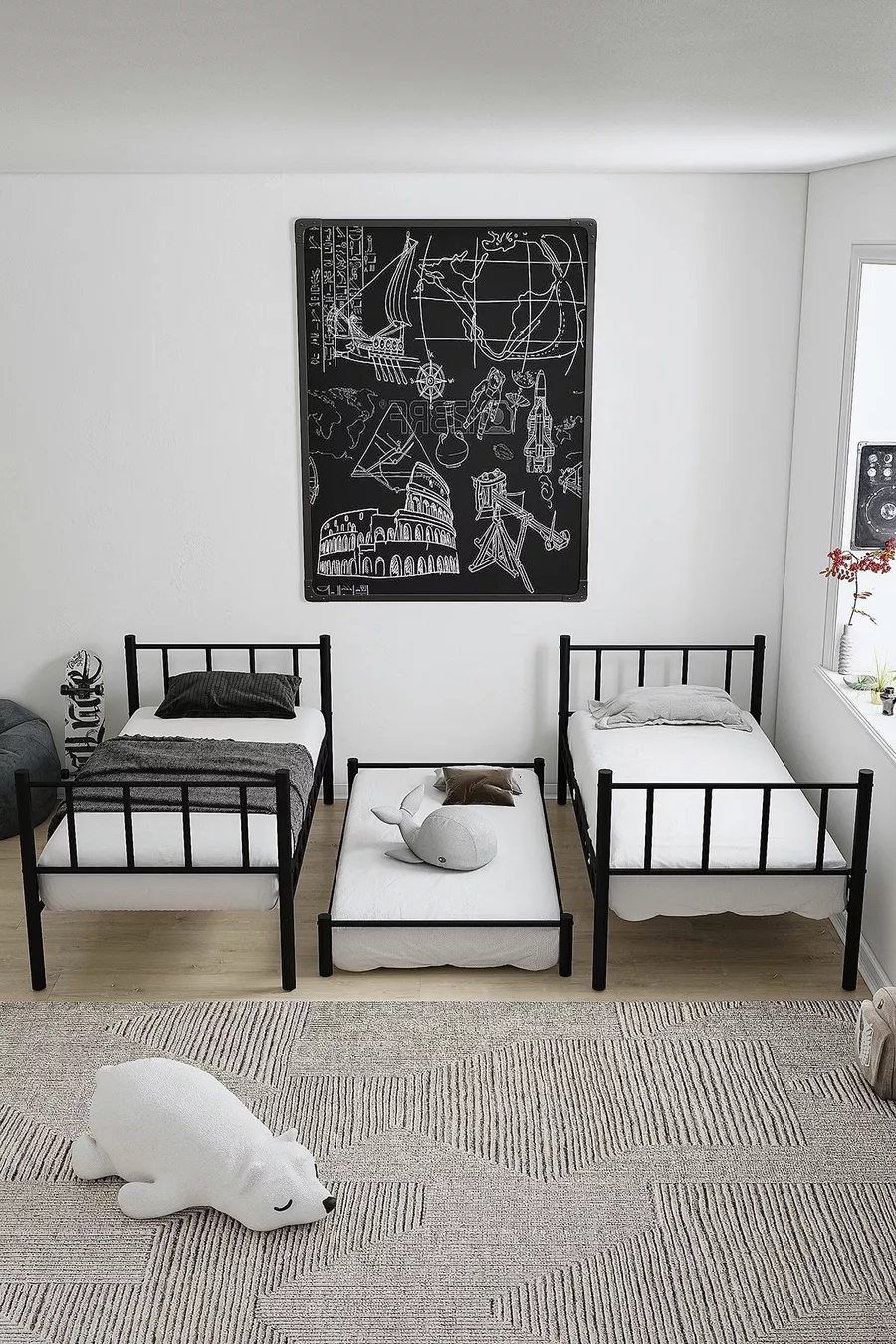 Chambre d'enfant jeune avec lit superposé et lits en métal Zambak