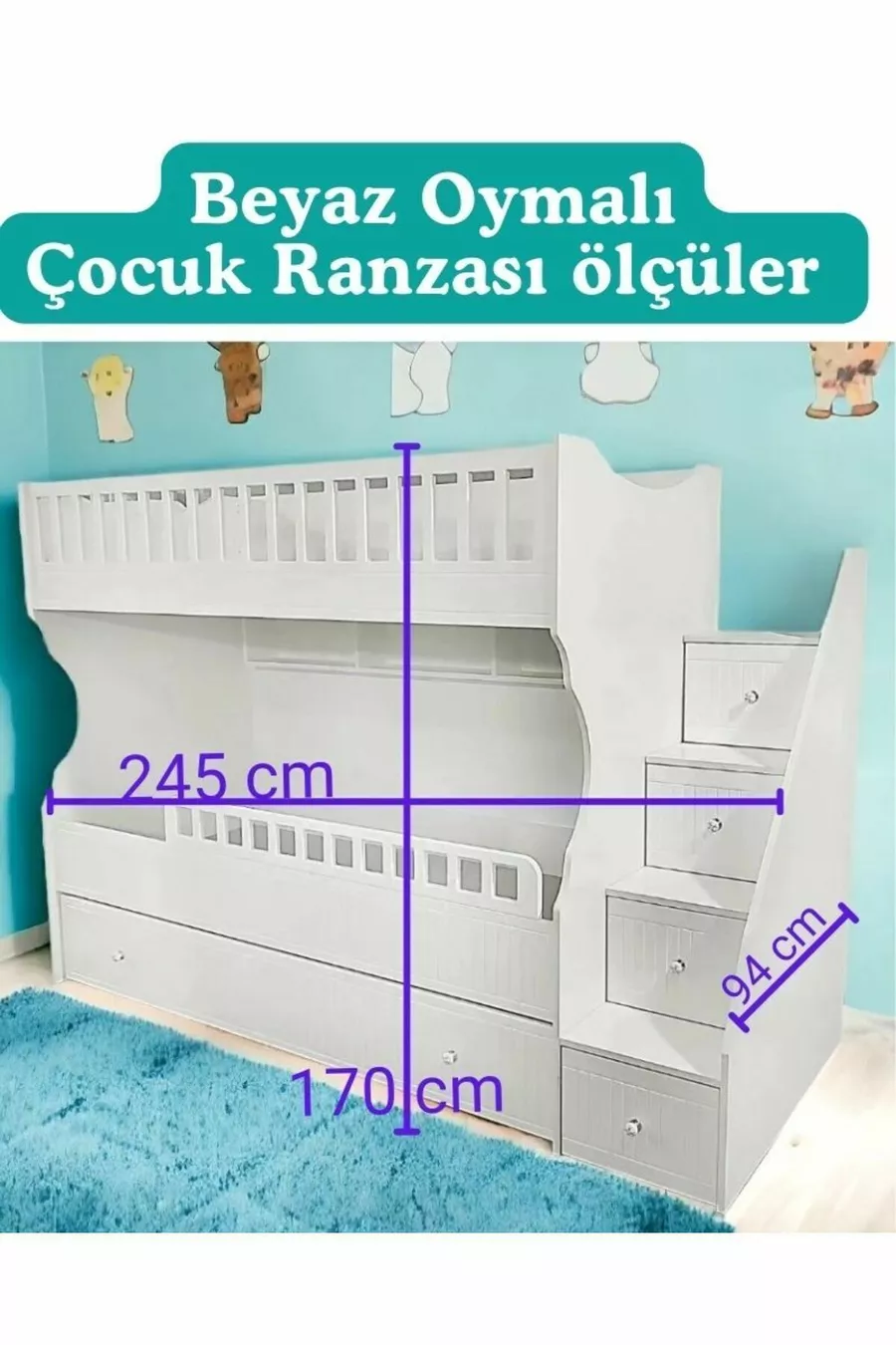 Letto a castello bianco intagliato per bambini
