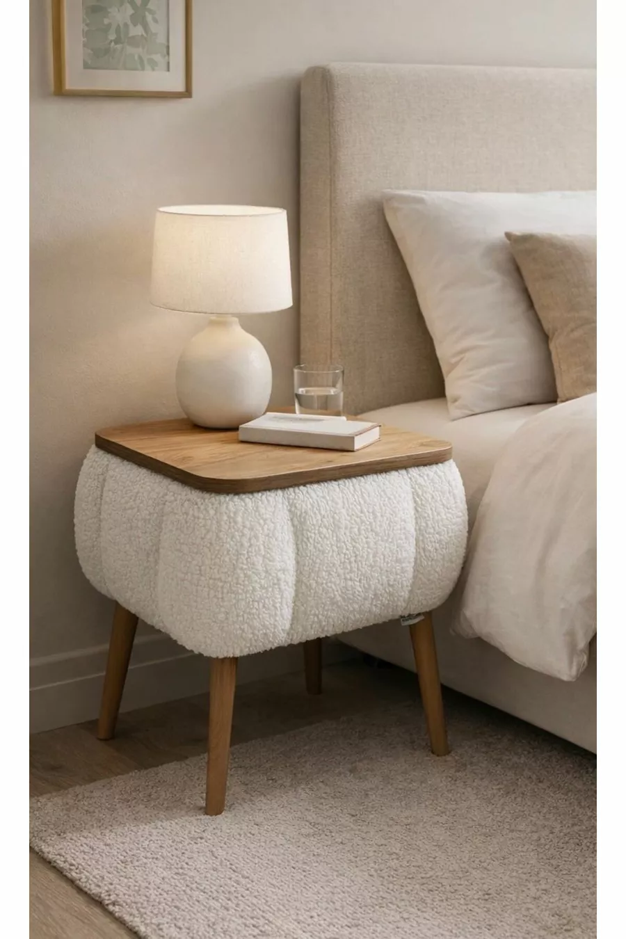 Lina Sandıklı Nachtkastje, Modern Nachtkastje met Houten Poten en Teddy Stoffering