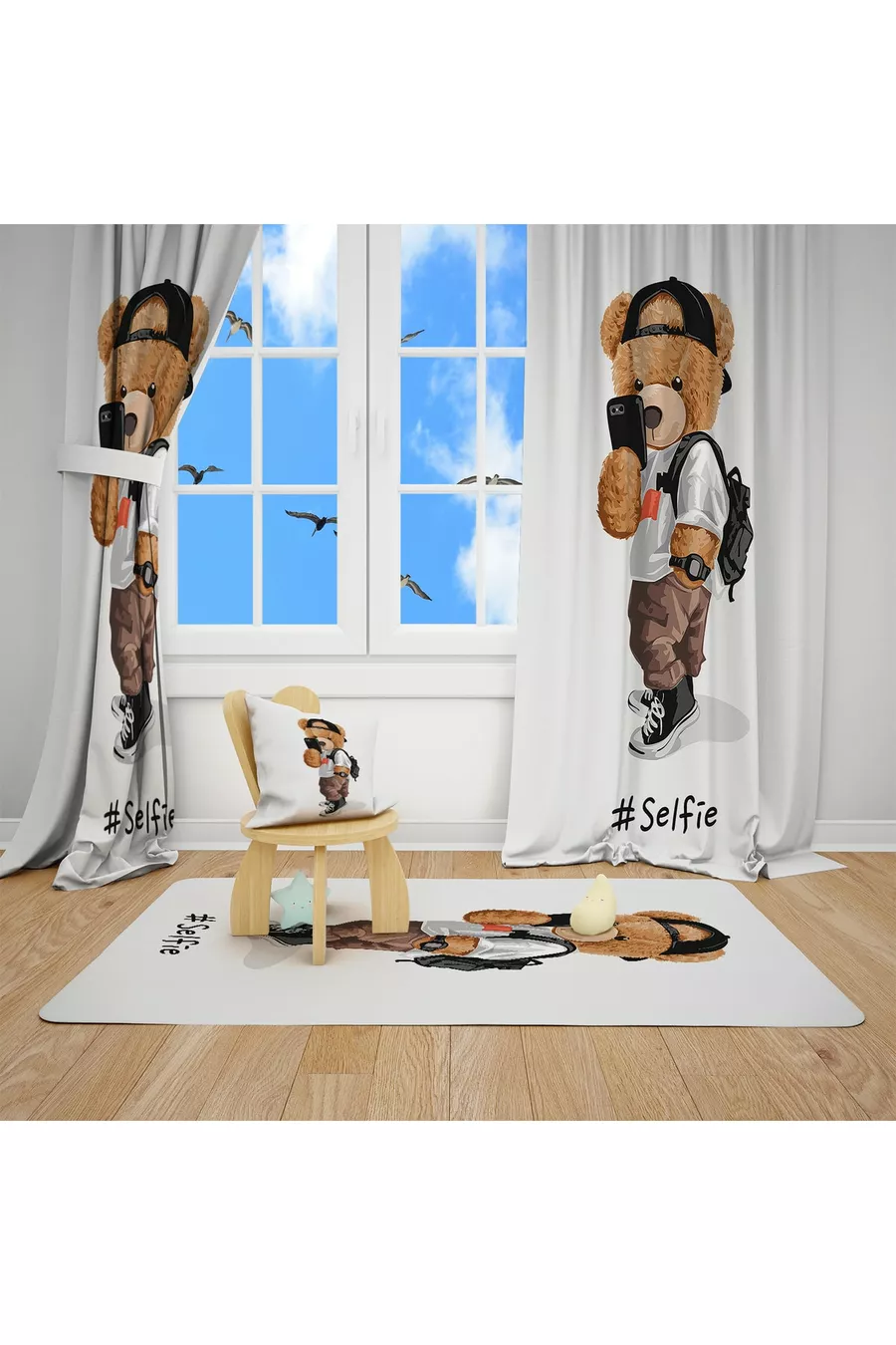 Digitale Print Teddy Kinderkamer Set (gordijn, beddengoed en kussen, tapijt)