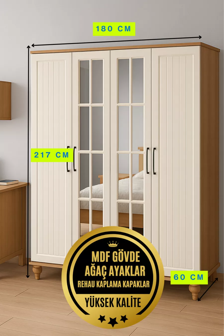 Nefes MDF 4-türiges Schrank mit Schublade | Rehau Beschichtung | Mit Buchenholzfüßen | Robuste Bauweise