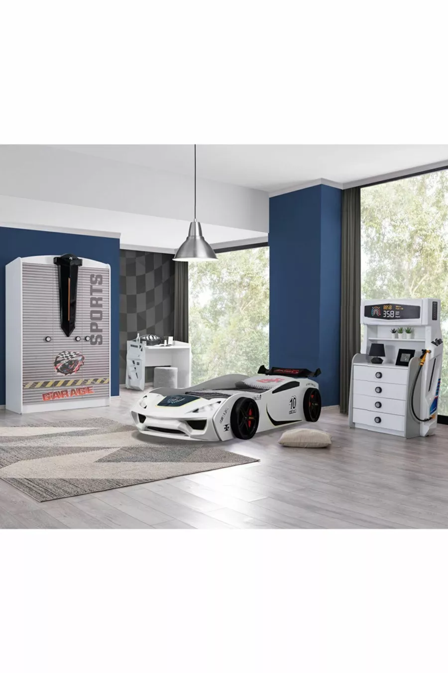 Camera dei Bambini - Letto con Carrello Vento - Armadio Sport a 3 Ante, Scrivania, Comò - Bianco