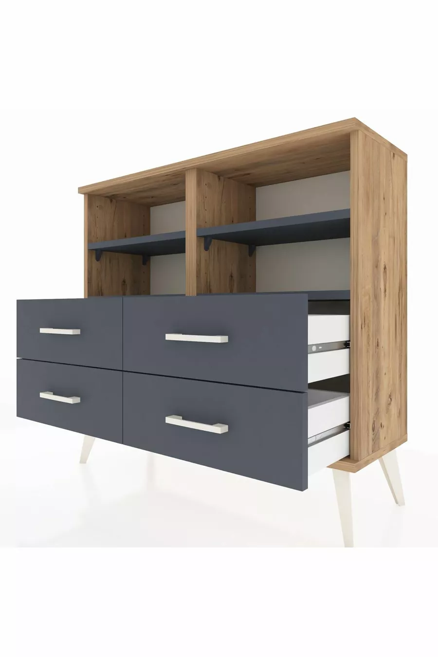 Commode Arges 4 étagères 4 tiroirs Pin-Anthracite