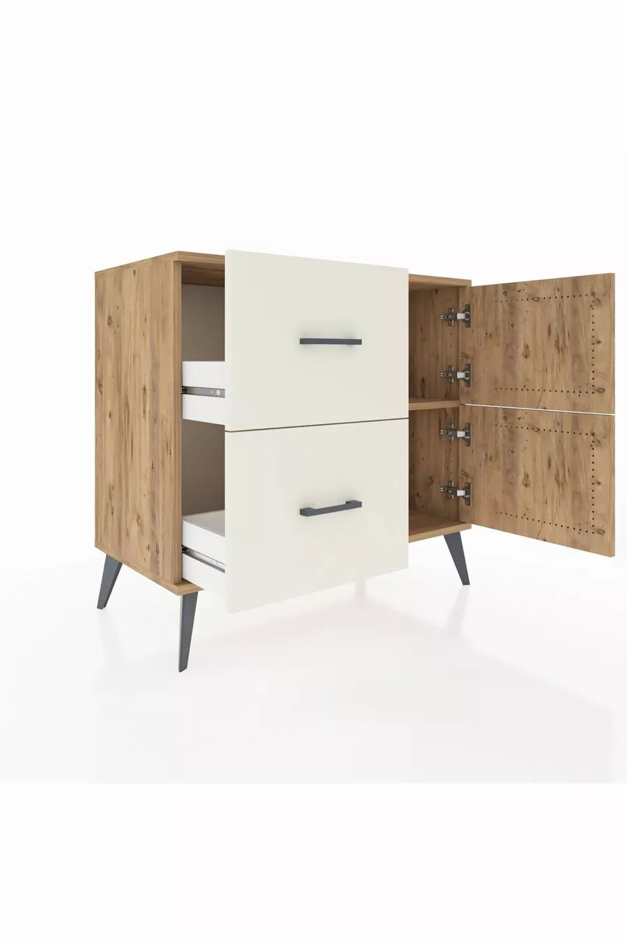 Commode Hyperion avec une seule étagère, 2 tiroirs et 2 portes, Pin-Pin / Pierre de bois
