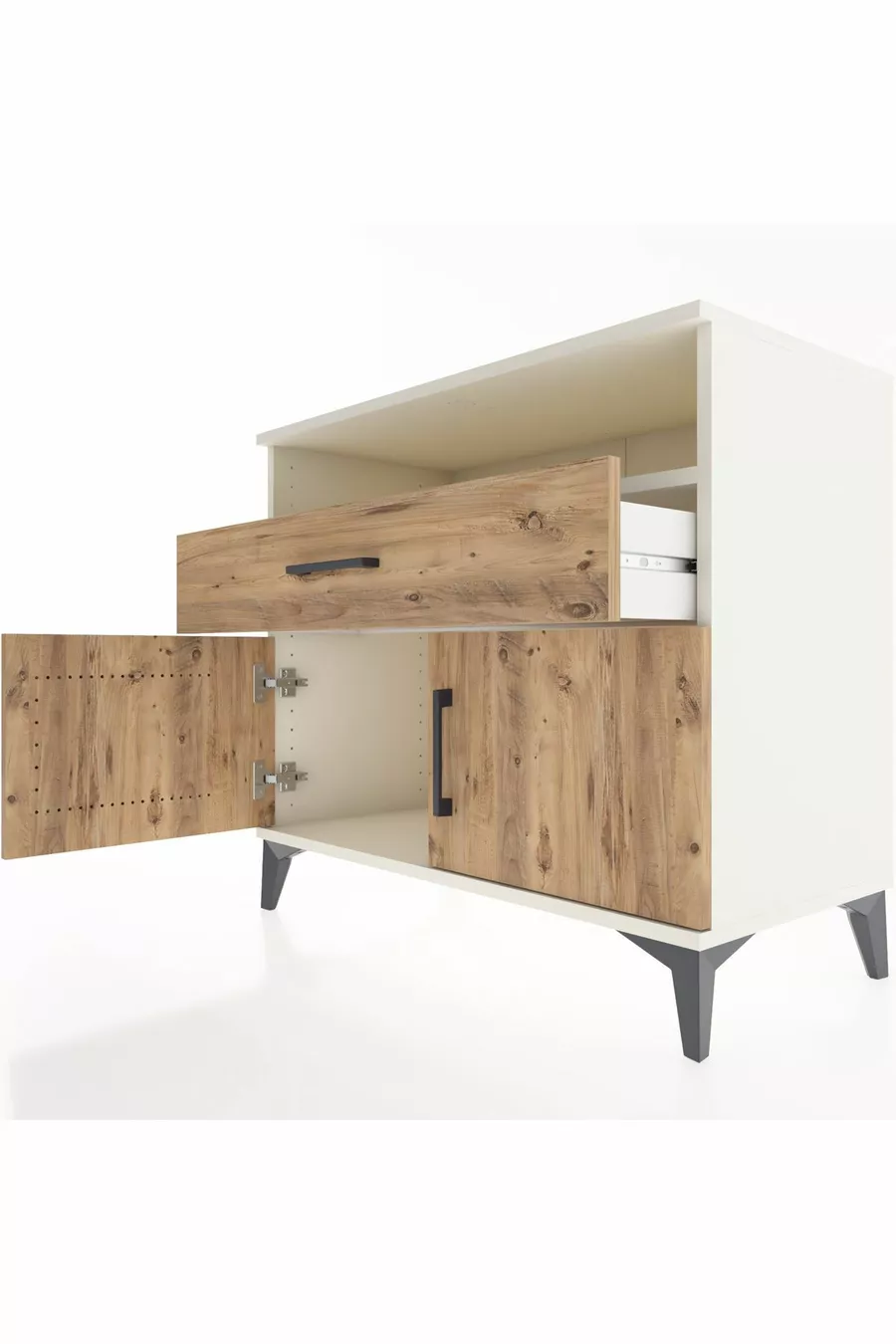 Commode Hyperion à une étagère, un tiroir et deux portes, Ambre-Débord de pin