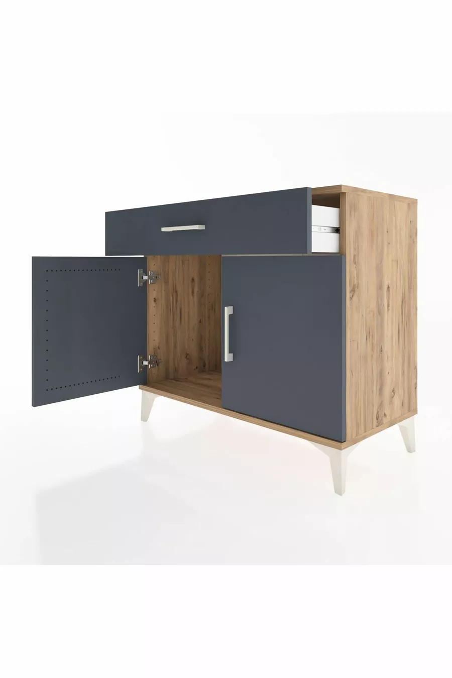 Commode Hyperion à une seule tiroir et 2 portes, pin-anthracite