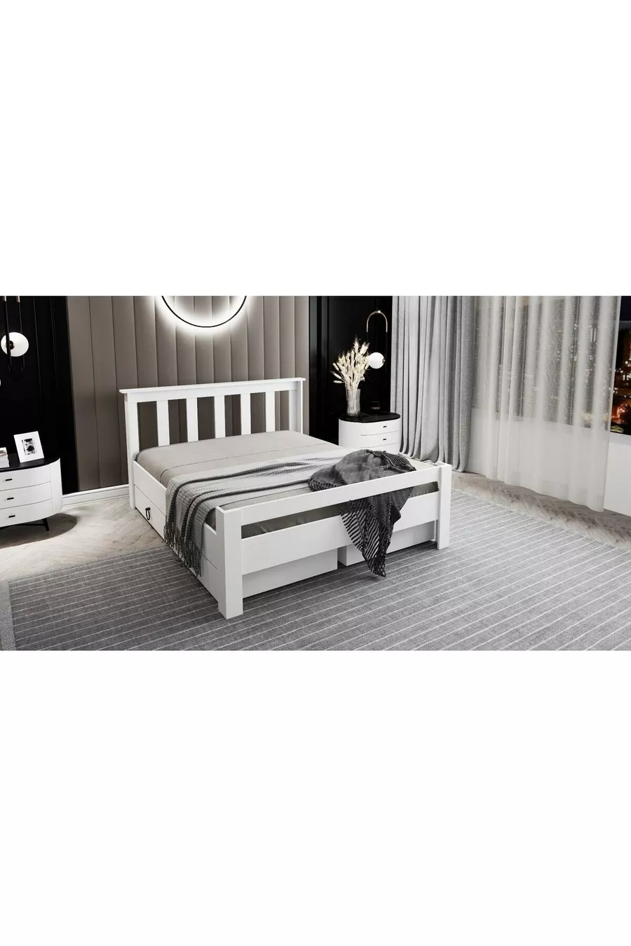 Lit double Arya compatible avec matelas, en MDF blanc avec tiroirs Maçy-1