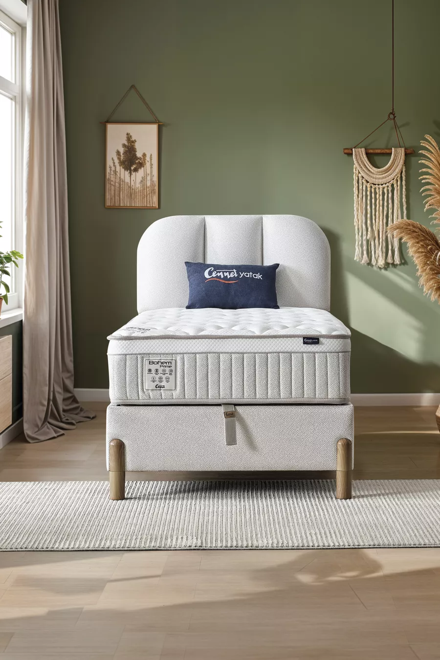 Ensemble de sommeil Bohem Prime pour une personne – Matelas à ressorts ensachés, lit coffre, tête de lit, ensemble 3 pièces