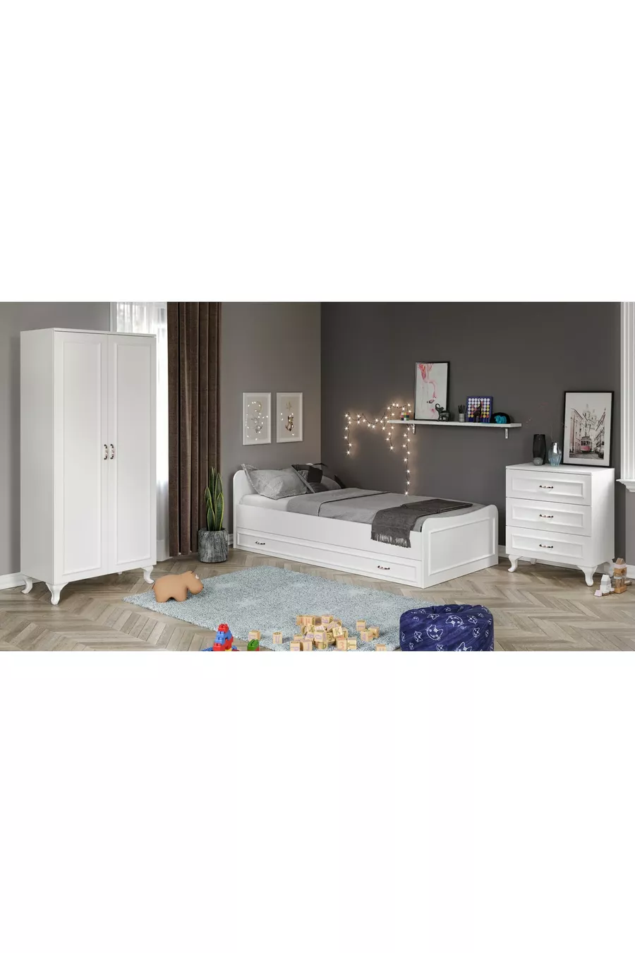 Country Slaapkamer Set - Kinderbed met Opberglades, Kledingkast met 2 Deuren, Ladekast met 3 Lades, Helemaal MDF