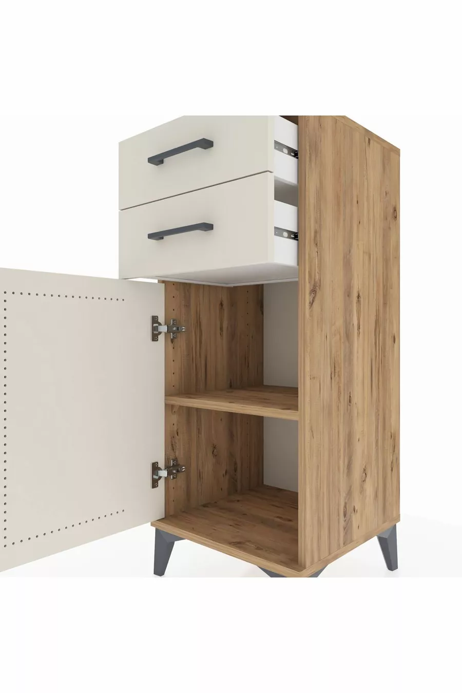 Commode Hyperion avec une étagère, 2 tiroirs et une porte, en pin et chêne