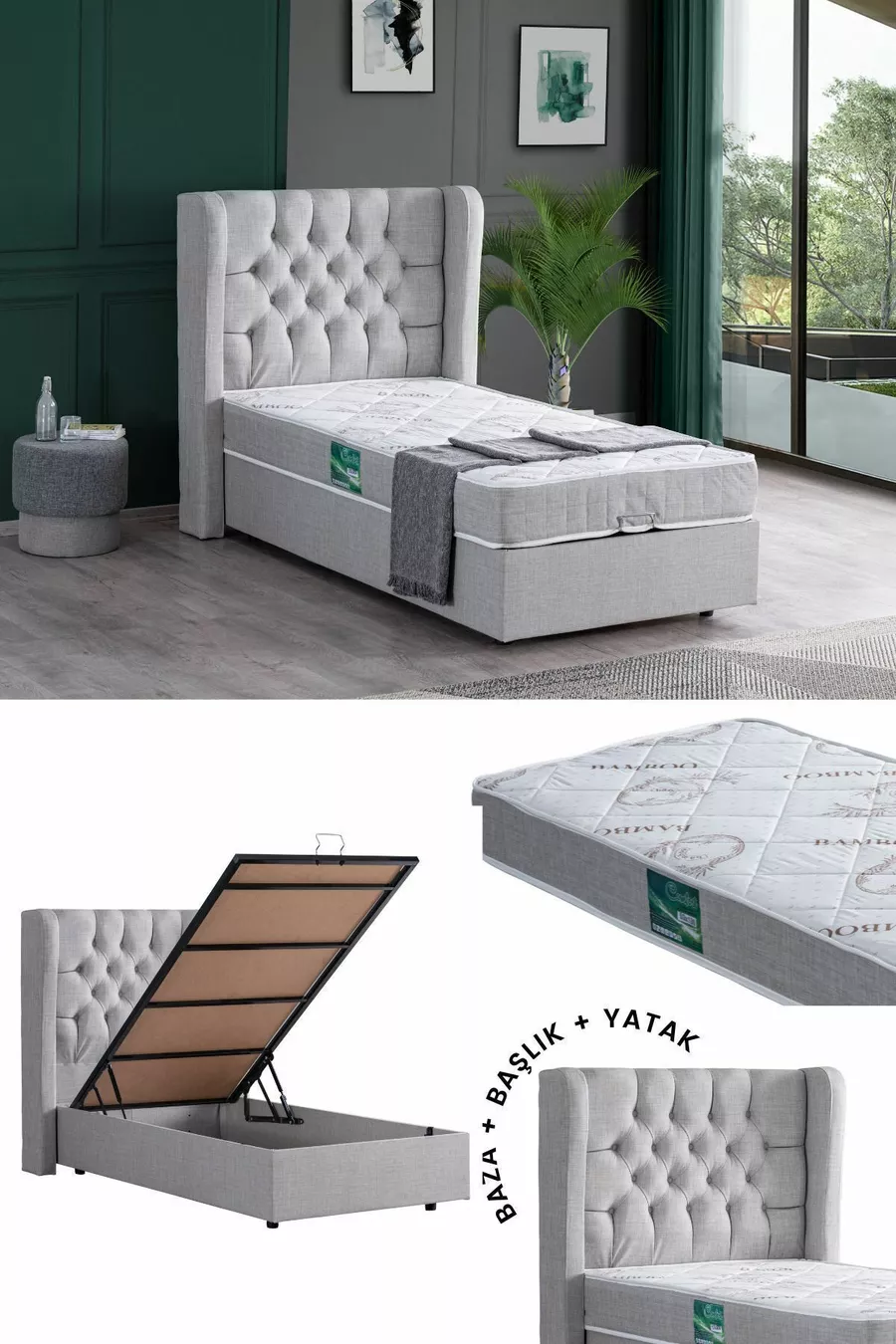 Рига Единично База с Табла Comfort Матрак Комплект, Светлосив