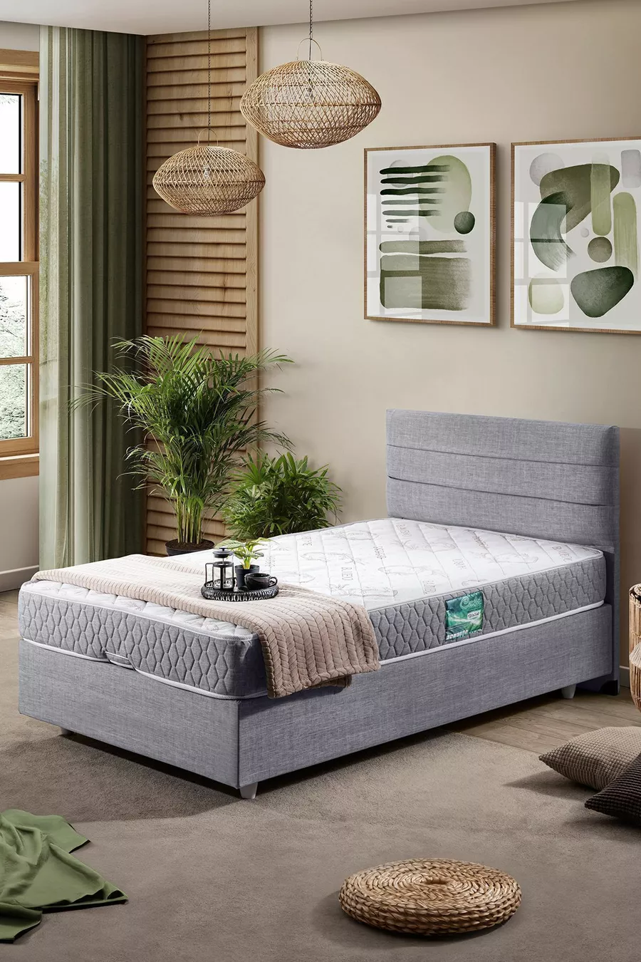 Sofia Single Bed Base and Headboard Comfort Mattress Set Light Gray