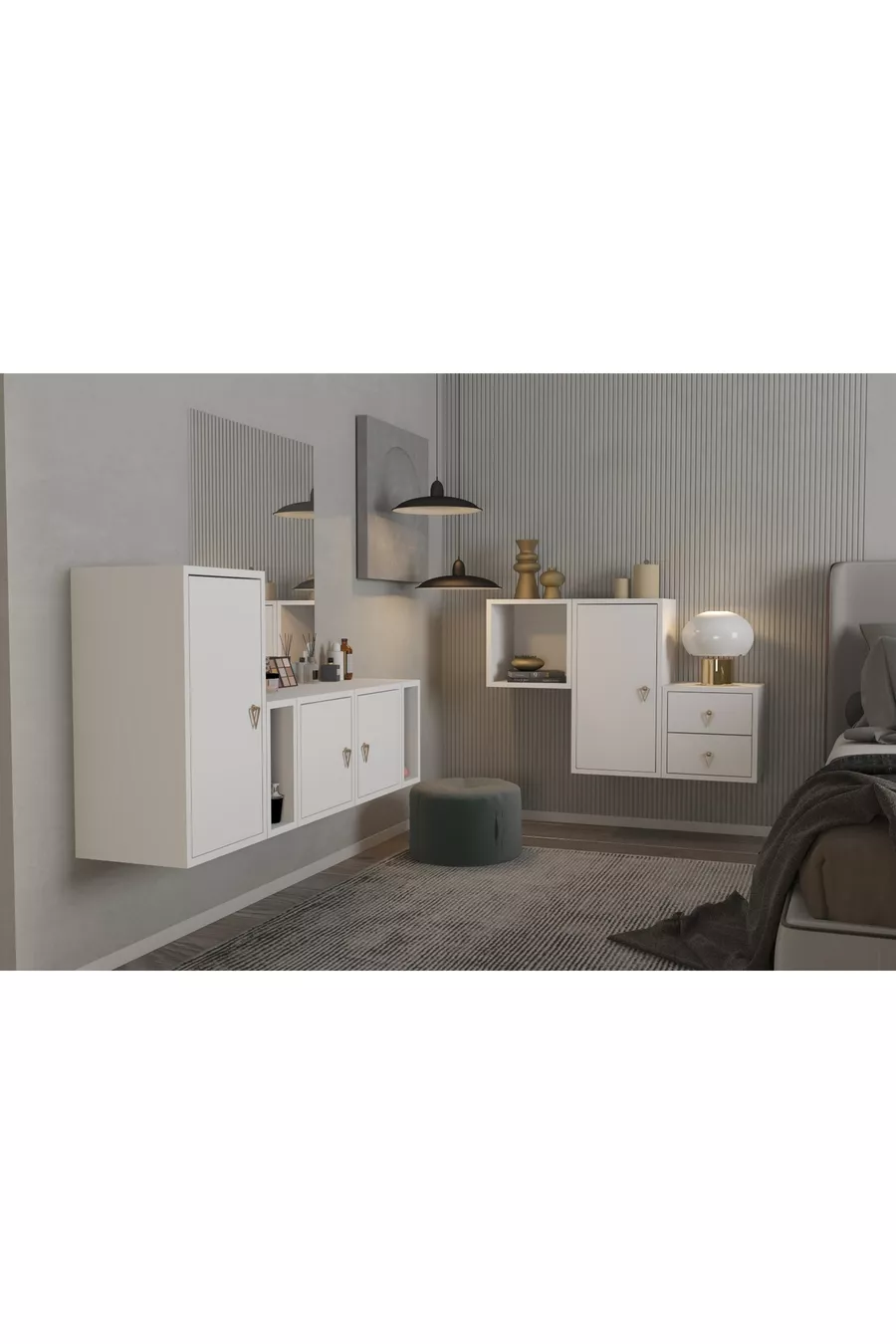 Set camera da letto modulare con armadio a cassetti con ante e set di scaffali