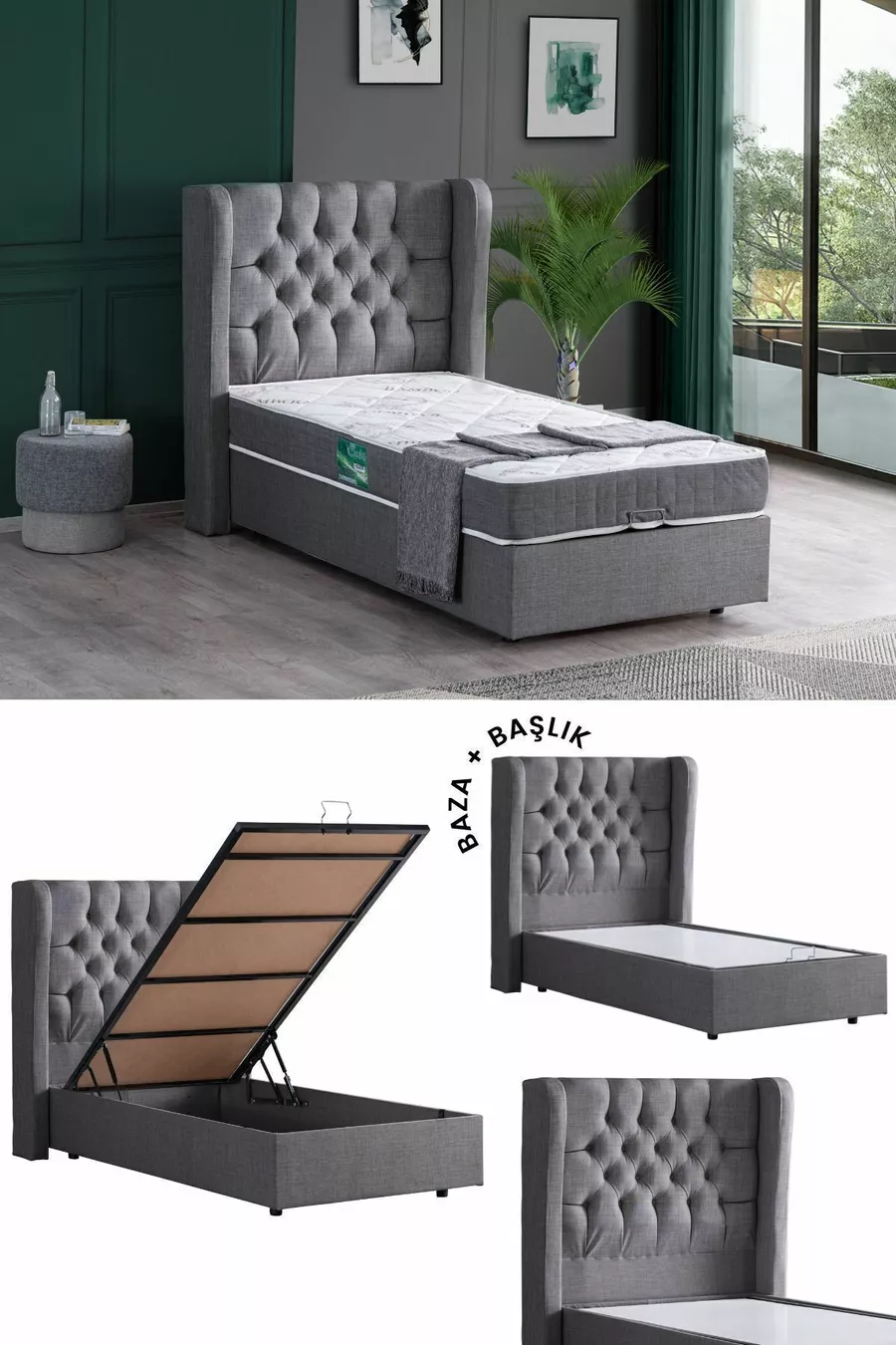 Riga Double Set, Single Bed Base and Headboard Set, Grey