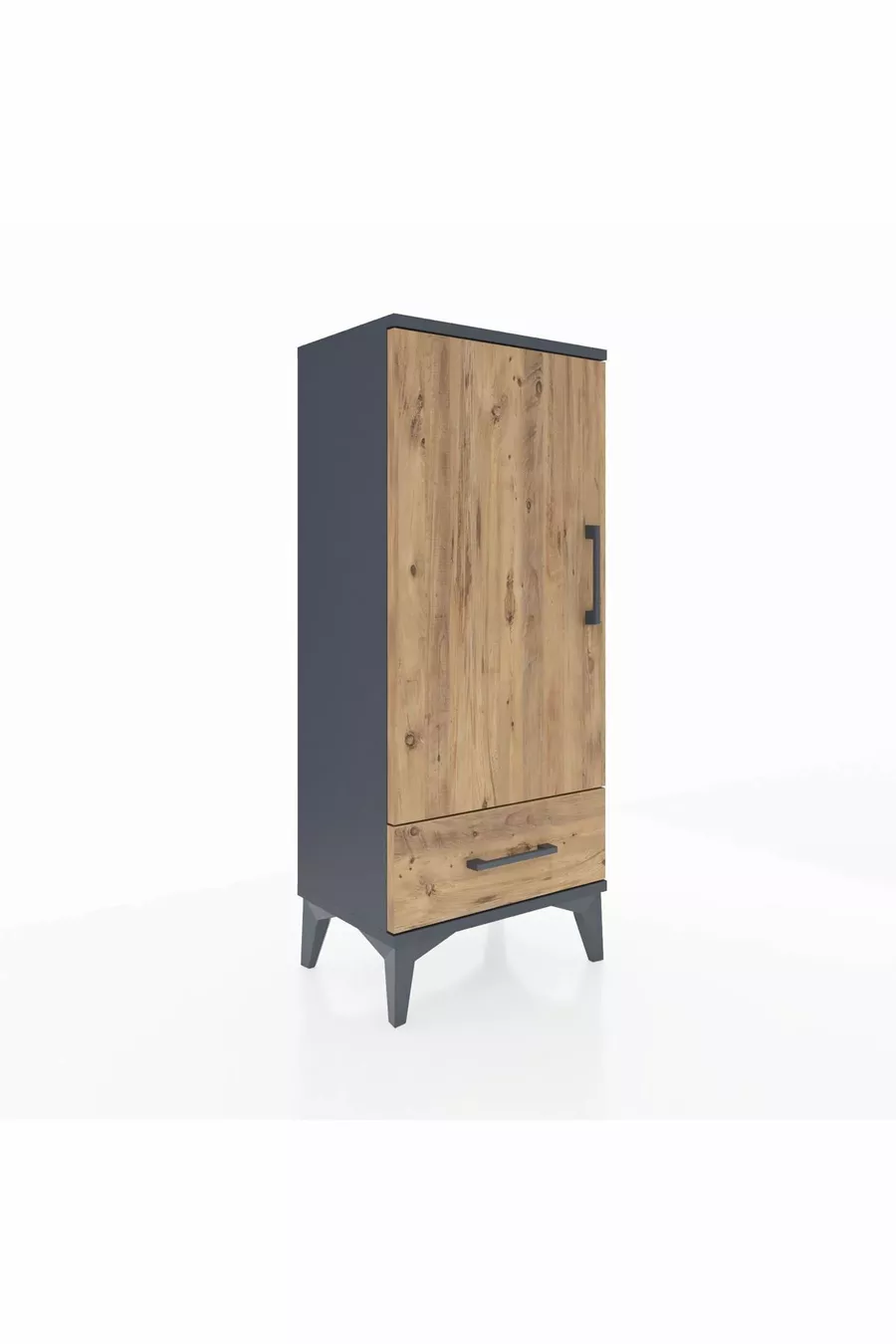 Table de chevet Arges avec 3 étagères, un tiroir et une porte, Anthracite-Pin