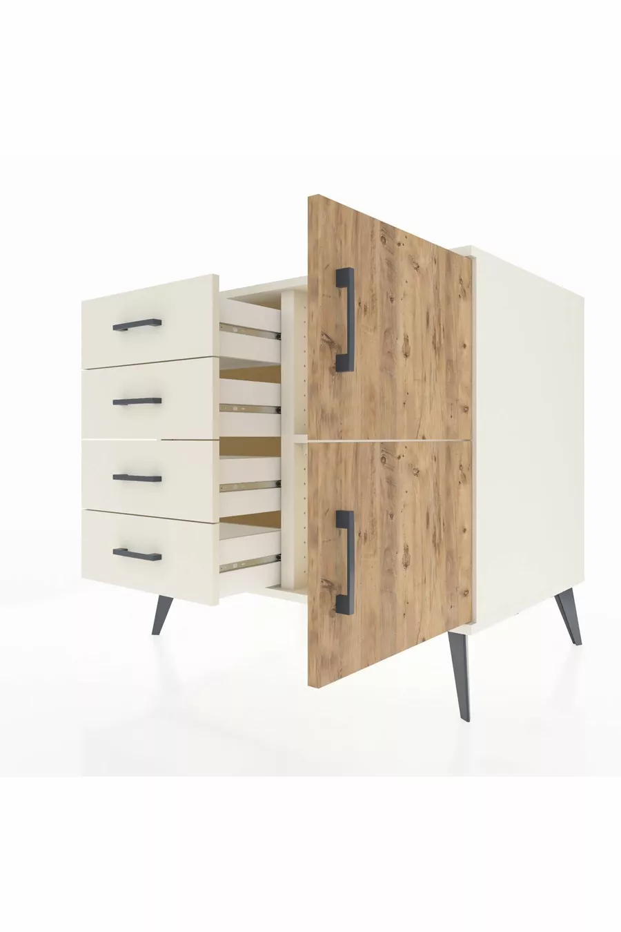 Commode Kronos à une étagère, 4 tiroirs, 2 portes, Pierre de Lune/Pin