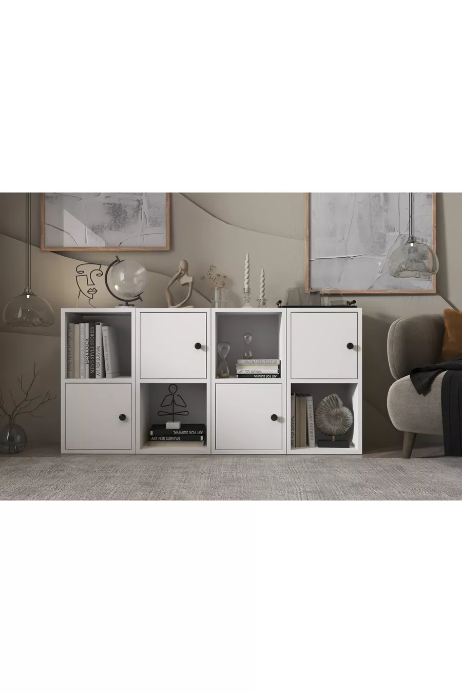 Four-Door White Dresser with Shelves, Without Slats