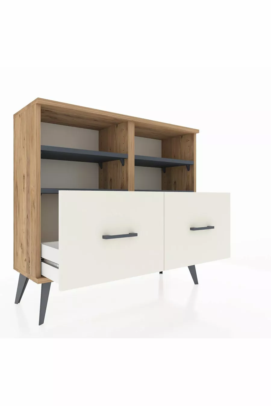 Commode Arges 4 étagères 2 tiroirs Pin-Anthracite/Gris pierre
