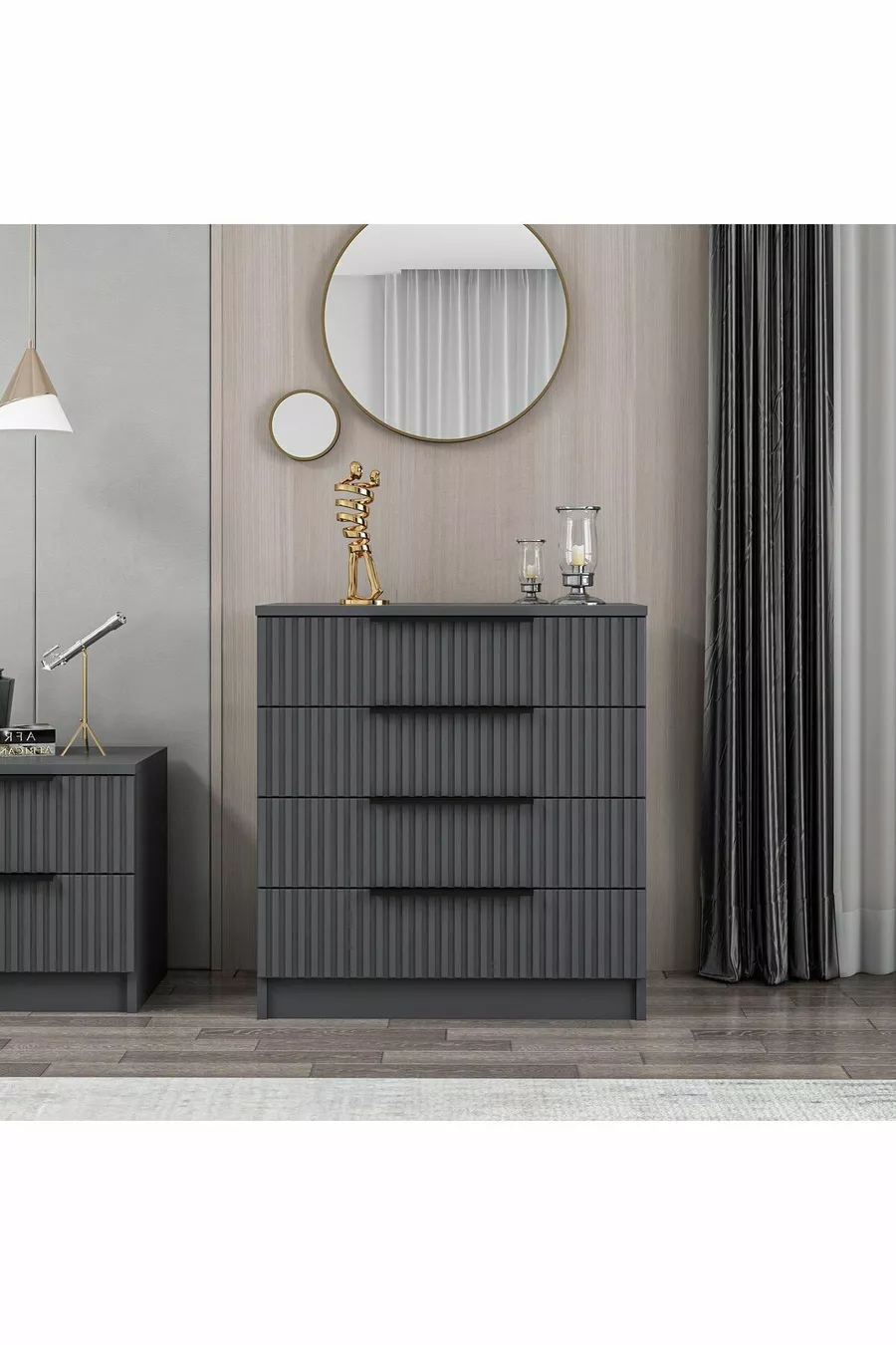 -chiffonnier Kale 4 tiroirs - Anthracite avec motifs rayés en membrane