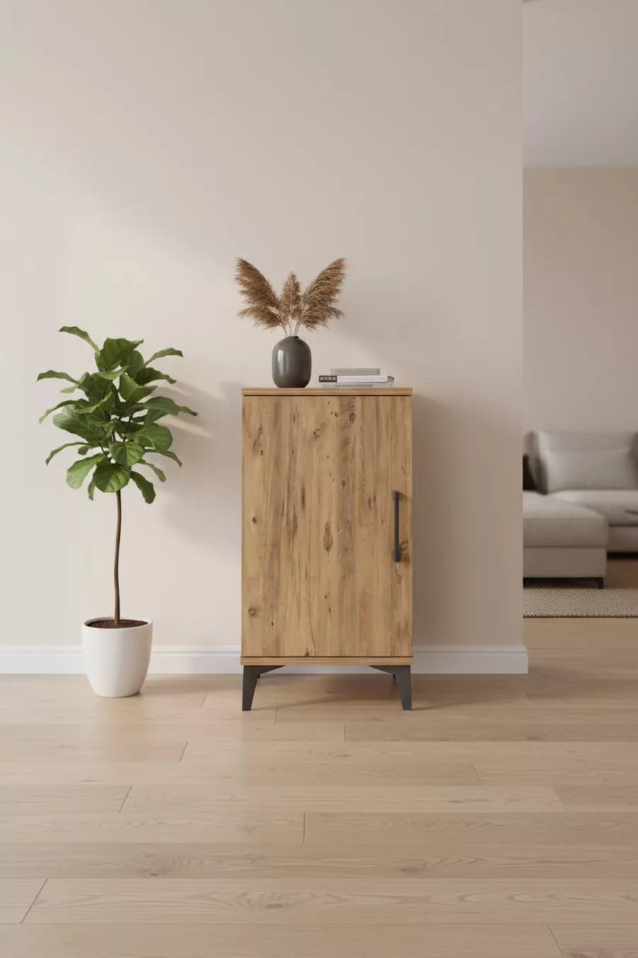 Table de chevet Aura à 2 étagères et 1 porte en pin-Pin | Table de chevet sur pieds hauts