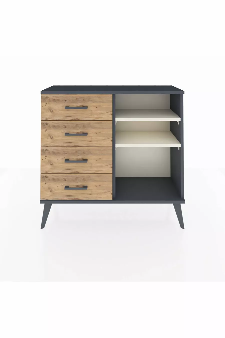 Commode Arges 2 étagères 4 tiroirs Anthracite-Pierre de lune/Merisiers