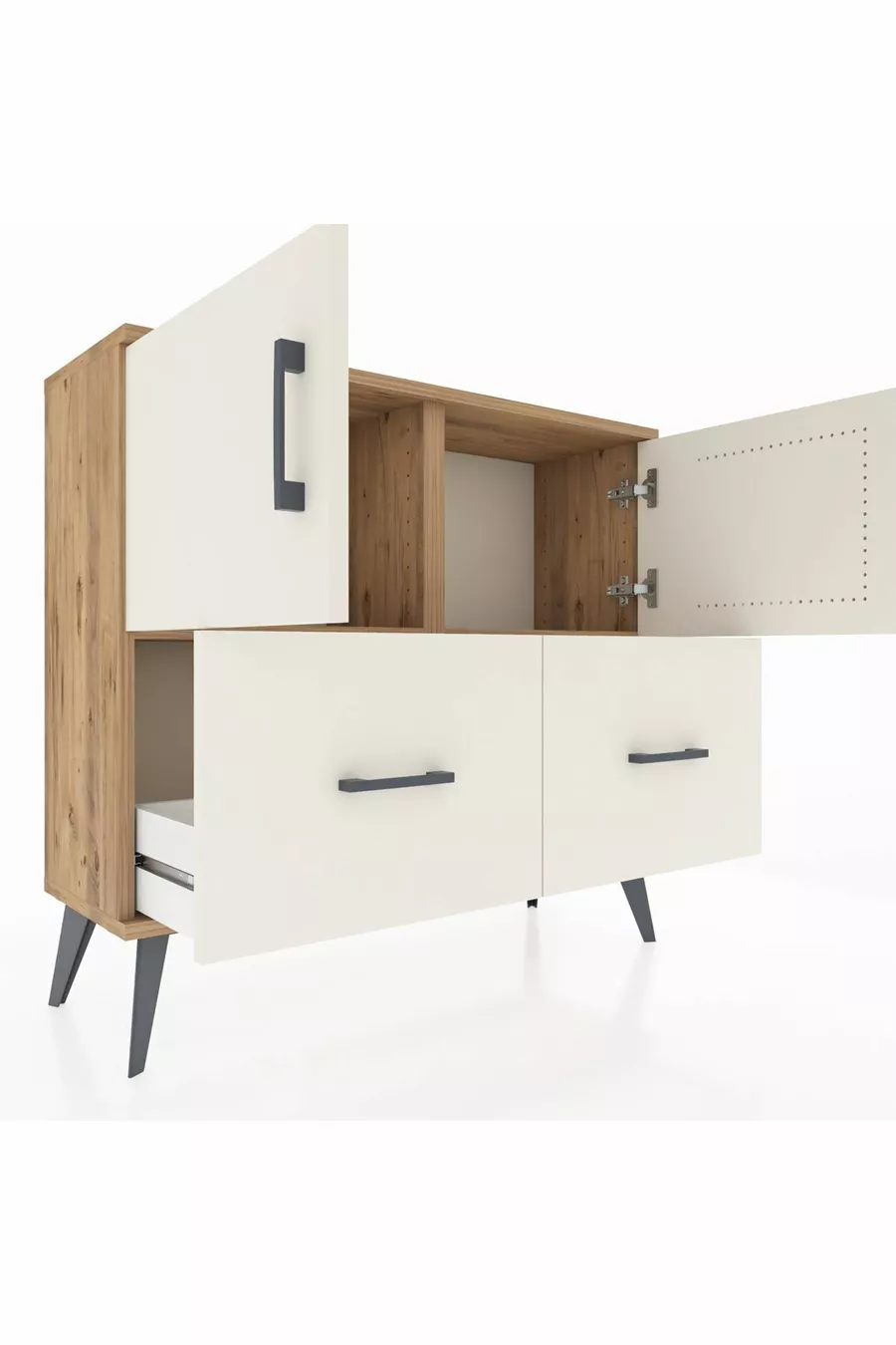 Commode Arges avec 2 étagères, 2 tiroirs et 2 portes, en pin et pierre d'onyx