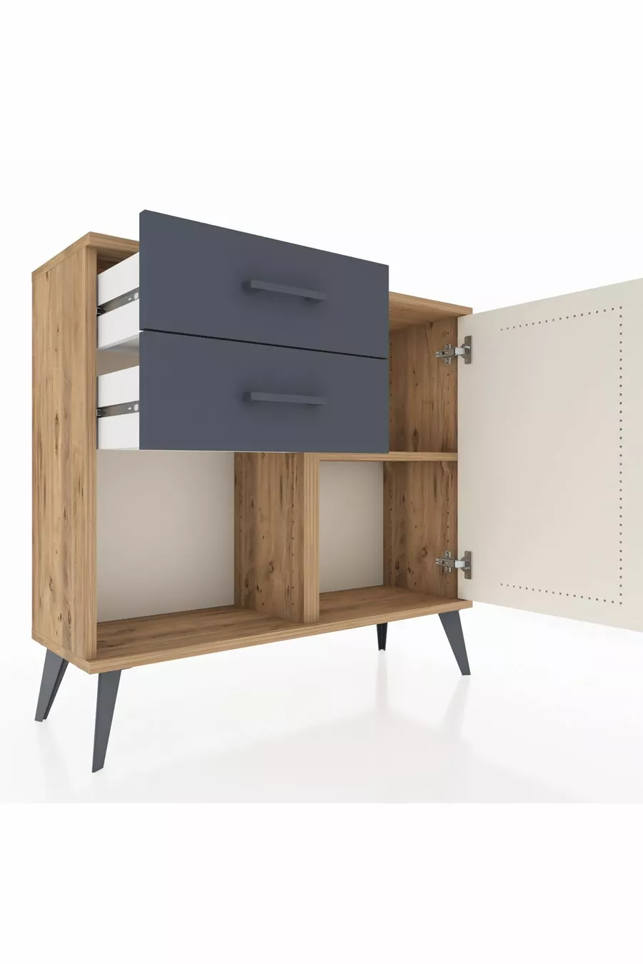 Commode Arges avec une seule étagère, 2 tiroirs et une porte, pin-gris anthracite