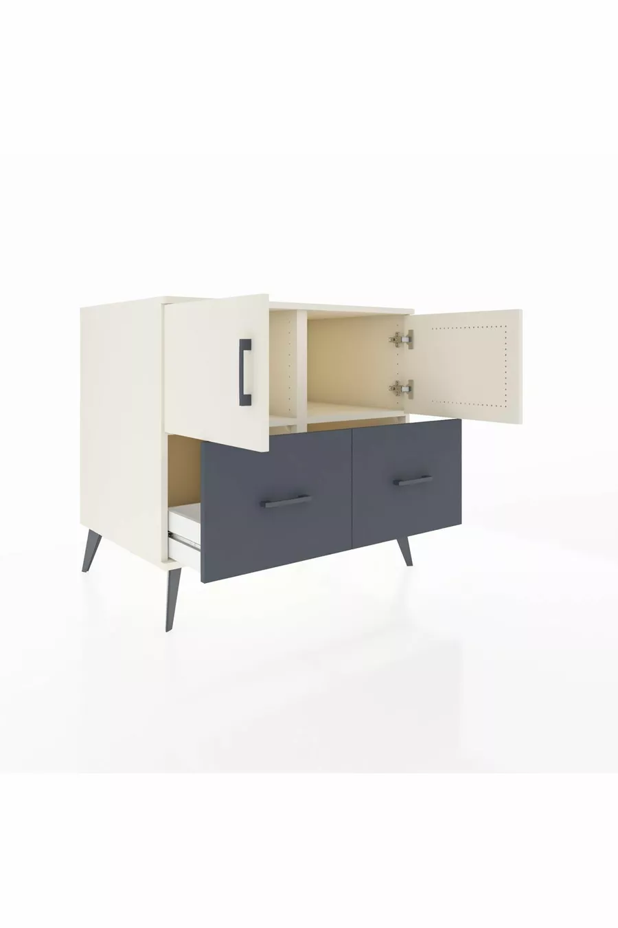 Commode Kronos avec 2 étagères, 2 tiroirs et 2 portes, Pierre de Lune/Anthracite